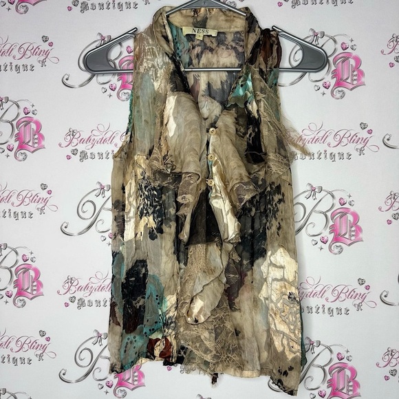ness Tops - Ness Multicolor Sleeveless Blouse floral silk button ruffle frilly frills shiny